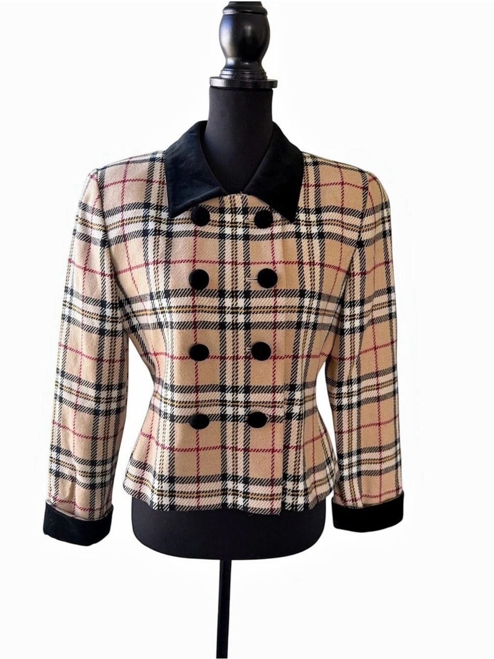 Vintage Kasper ASL Plaid Blazer Double Breasted Velvet Collar Jacket Petite 8